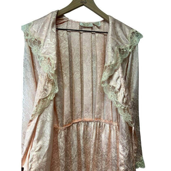 VICTORIA'S SECRET Vintage 90s Gold Label Long Satin Robe Belted Peach Lace M/L - Picture 8 of 14